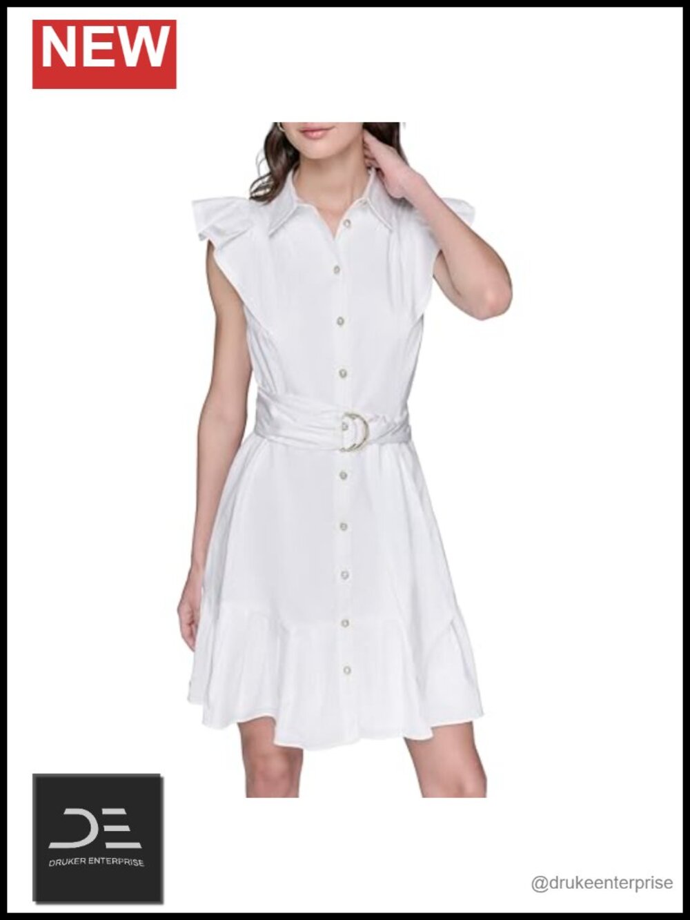 Flutter Sleeve Collared Shirtdress with Ring Belt